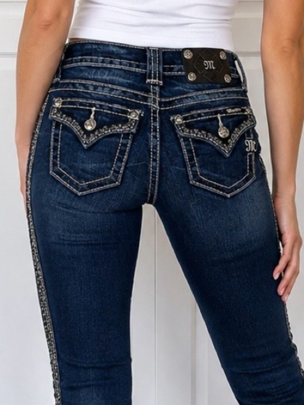 Miss Me Skinny Jeans Size 24 Dark Blue Low-Rise Stretch with Embellished Pockets